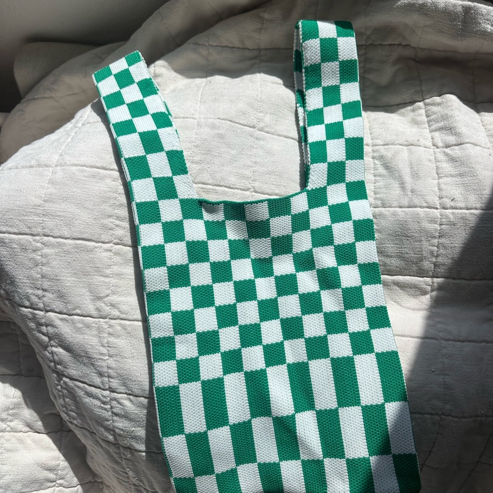 Green and White Checkered Knit Tote